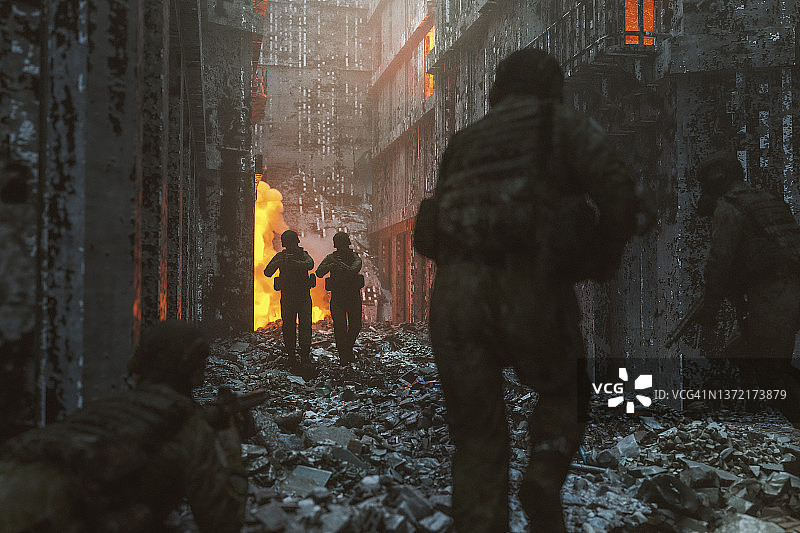 士兵在被摧毁的城市街道中战斗图片素材