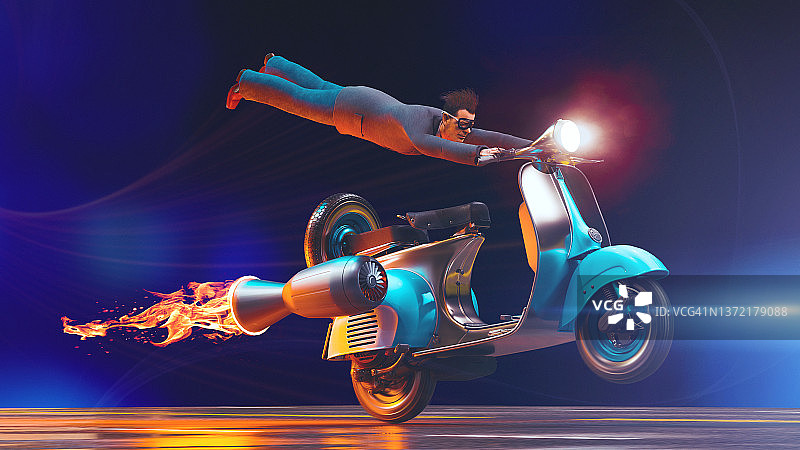 男子骑着带火箭助推器的滑板车在空中飞行图片素材