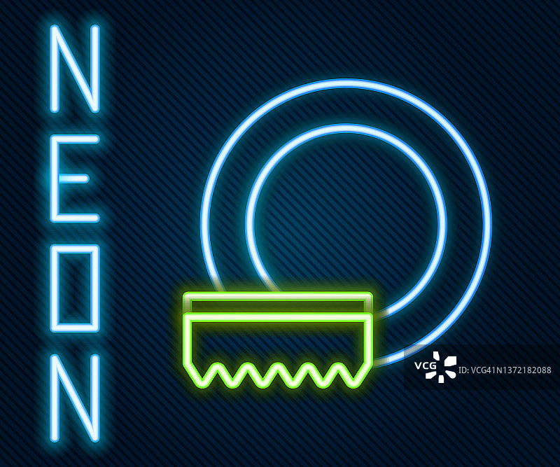 黑色背景上发光的霓虹灯洗碗图标。清洁餐具标志。矢量概念图片素材