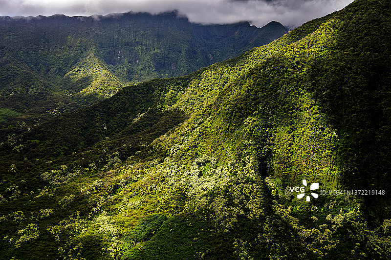 航拍夏威夷莫洛凯山谷雨林山脉太平洋图片素材