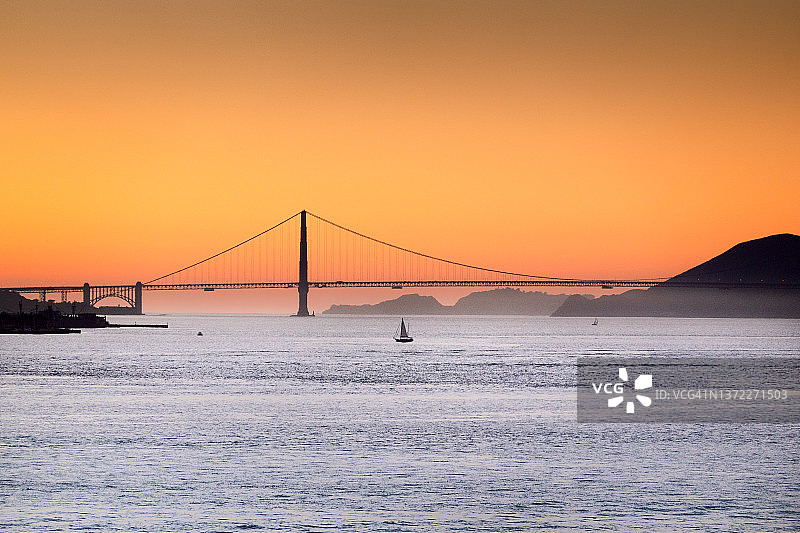 日落时分的金门大桥与帆船图片素材