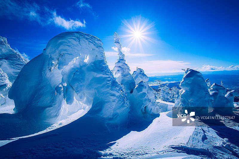 日本山形县藏王山的阳光蓝天下雾凇图片素材