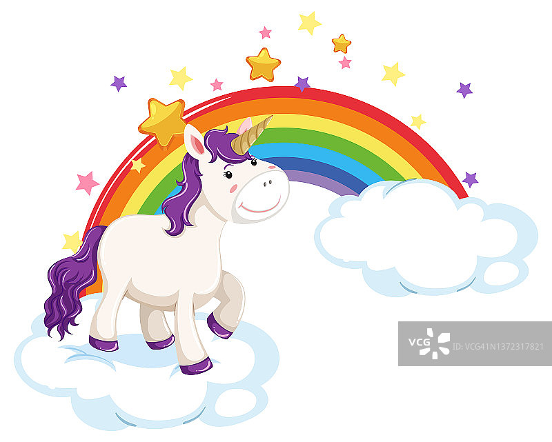 站在彩虹云上的紫色独角兽图片素材