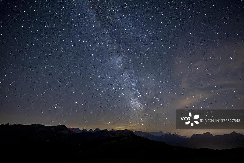 瑞士阿尔卑斯山霍查尔普晴朗夜晚的银河图片素材