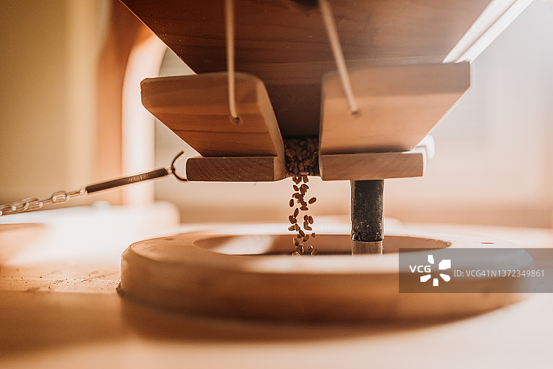 从料斗落入面粉研磨机的有机小麦颗粒图片素材