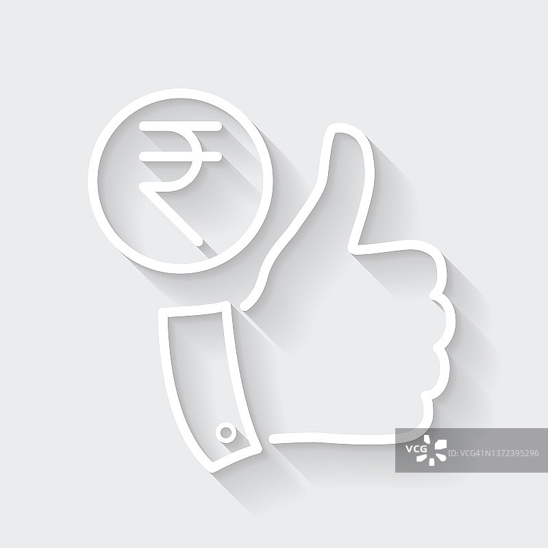 印度卢比硬币与朝上的大拇指，扁平设计风格图标图片素材