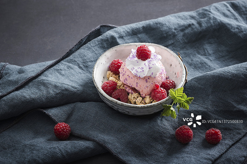 覆盆子冰淇淋与大豆奶油和椰子脆饼图片素材
