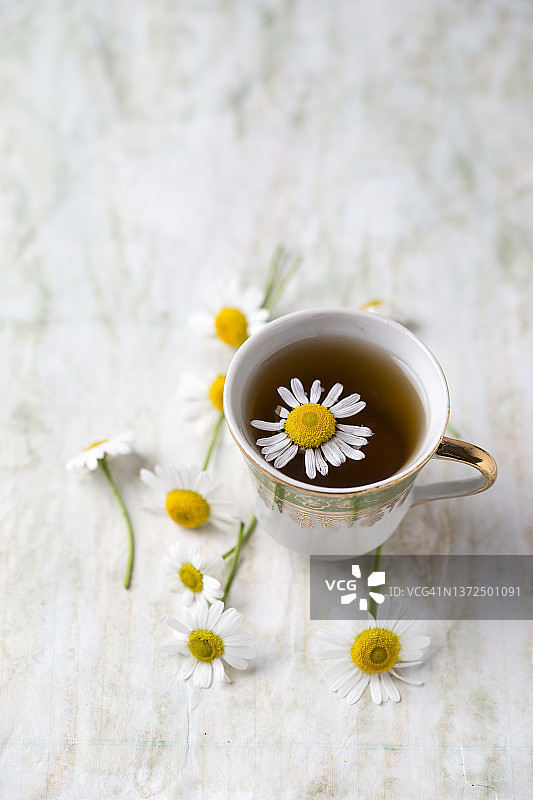 杯中的洋甘菊茶与洋甘菊花图片素材