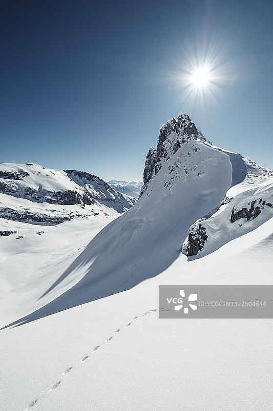 阳光照耀下罗凡雪山的动物足迹图片素材