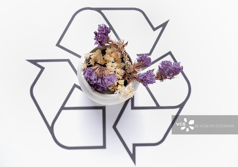 带有回收标志的花瓶里的干花图片素材