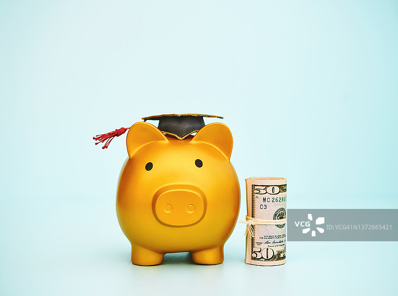 戴着毕业帽并站在一卷美元旁边的可爱金色小猪储蓄罐，教育成本主题图片素材
