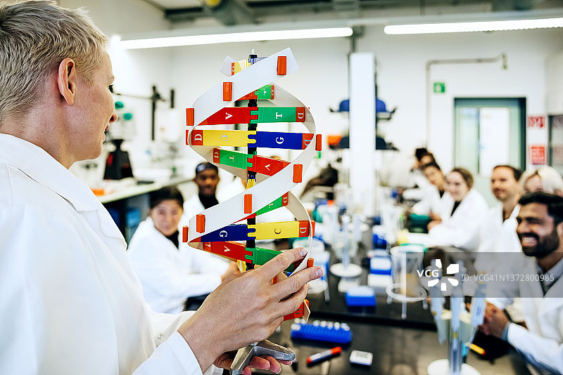 老师手持双螺旋模型，给医学生讲解DNA图片素材