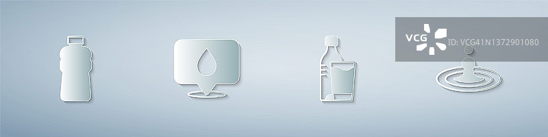 水瓶、水滴定位和玻璃杯纸艺风格矢量素材图片素材