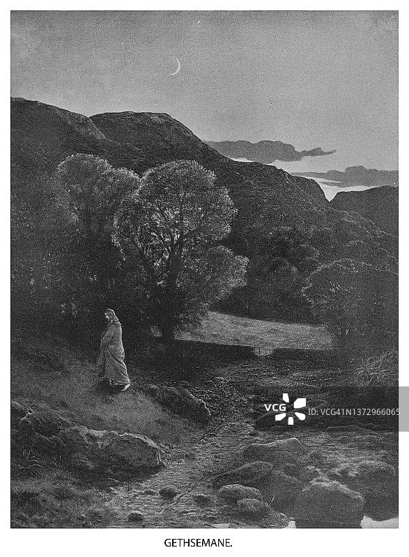 耶稣在客西马尼花园祈祷古版画图片素材