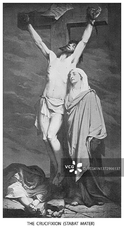 被钉在十字架上的耶稣基督：古老的版画插图图片素材