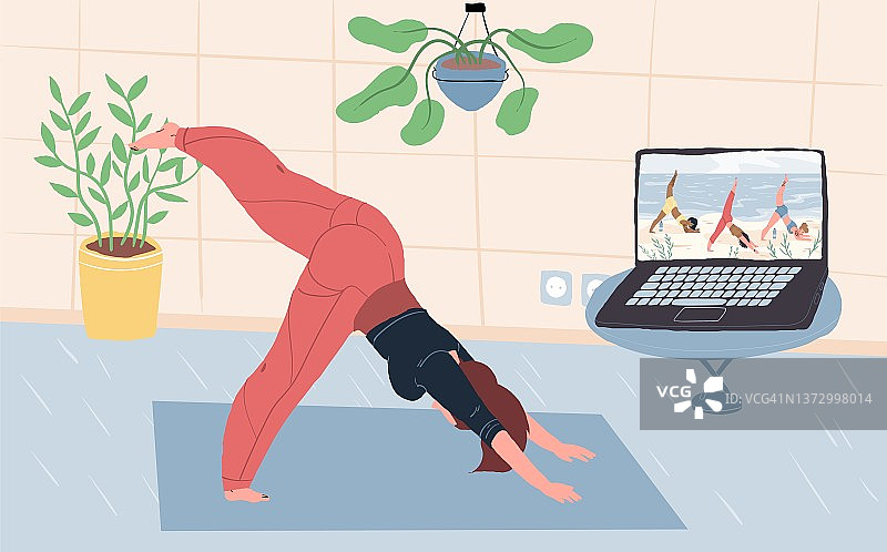 扁平卡通女性瑜伽姿势与线上运动App矢量概念图图片素材