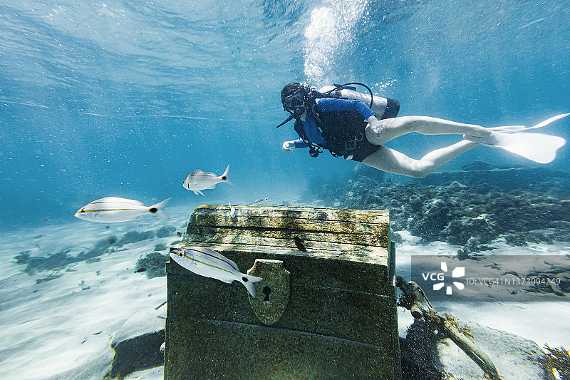 在海底海盗宝箱上潜水的少女图片素材