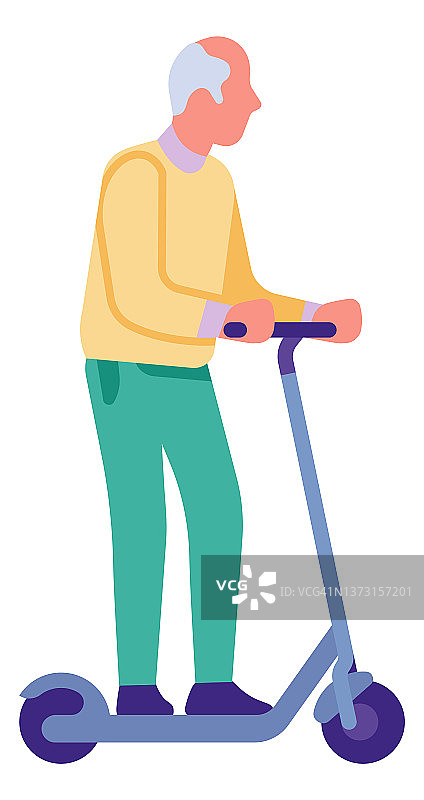 老年人骑电动滑板车。城市电动滑板车交通图片素材