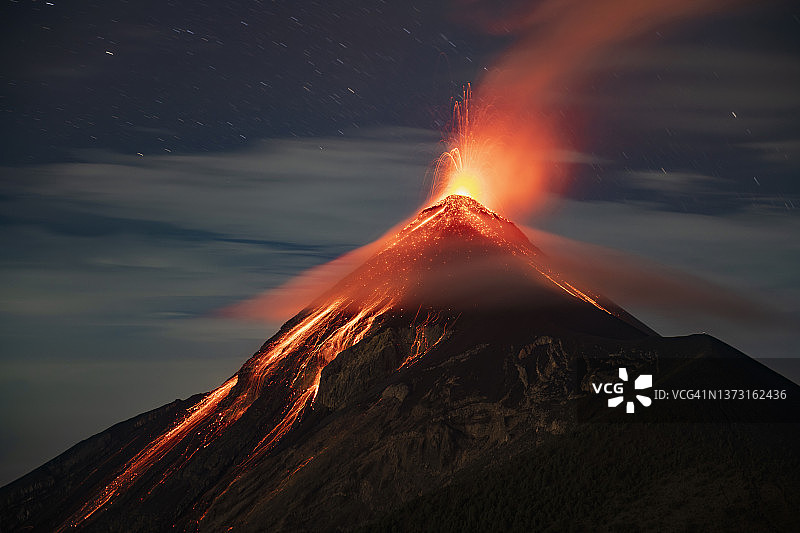 从阿卡特南戈火山看到的富埃戈火山喷发图片素材