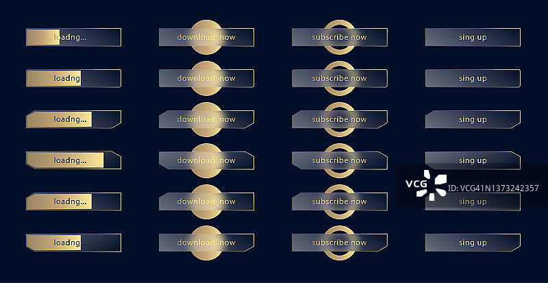 玻璃质感效果。黑色蓝色背景上的金色渐变圆形透明磨砂亚克力按钮和加载条图片素材