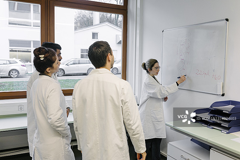 医学生在使用白板时讨论实验图片素材