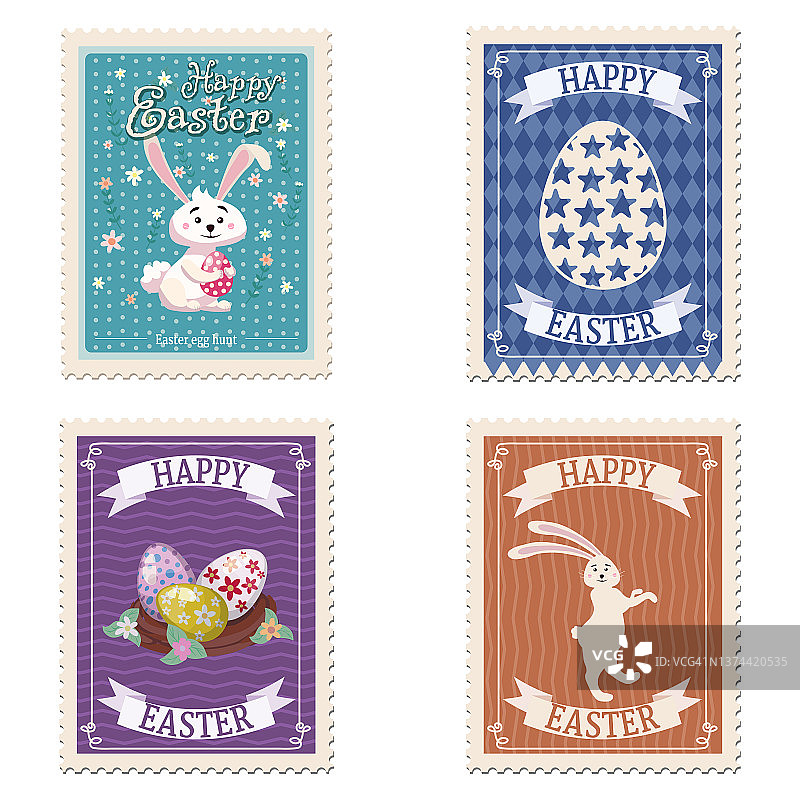 复活节邮票、兔子、彩蛋复古图案矢量合集图片素材