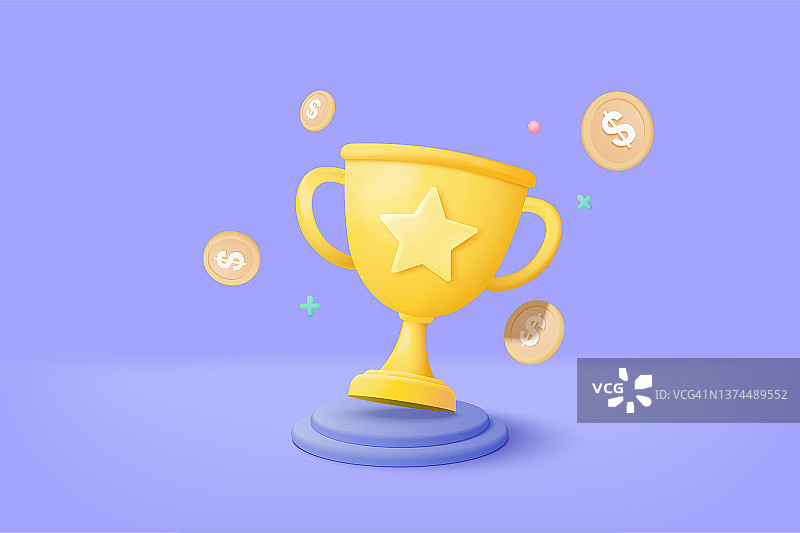 3D颁奖台上的金杯与星币图片素材