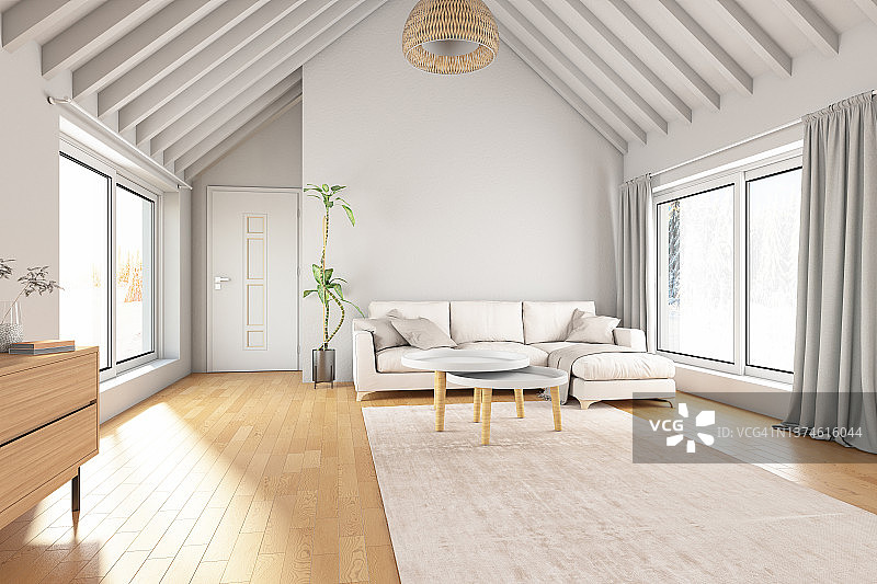 带科祖家具和屋顶的现代阁楼客厅图片素材