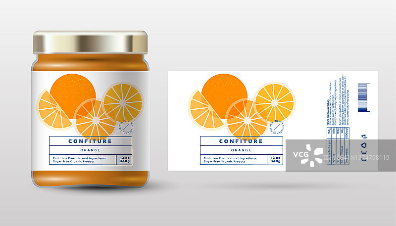 橙子果酱：甜味、透明切片和水果，简约标签包装设计图片素材