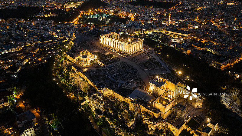 希腊雅典卫城夜景航拍照片图片素材