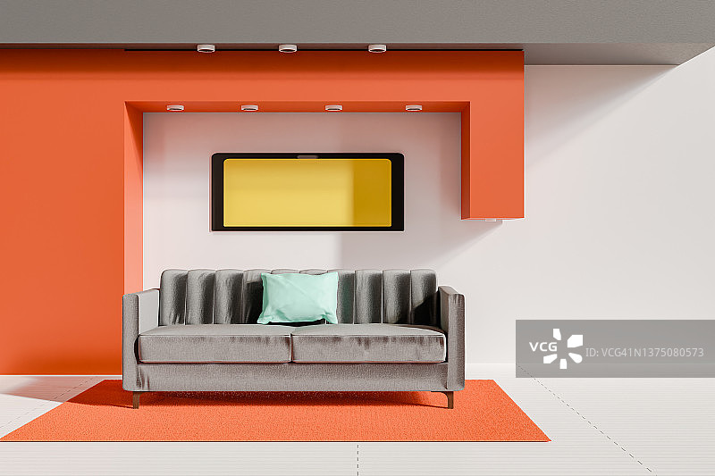 现代客厅的计算机生成图像，配有沙发、绿色垫子、黄色电视、红色地毯、白色和红色墙壁以及木地板，3D渲染图片素材