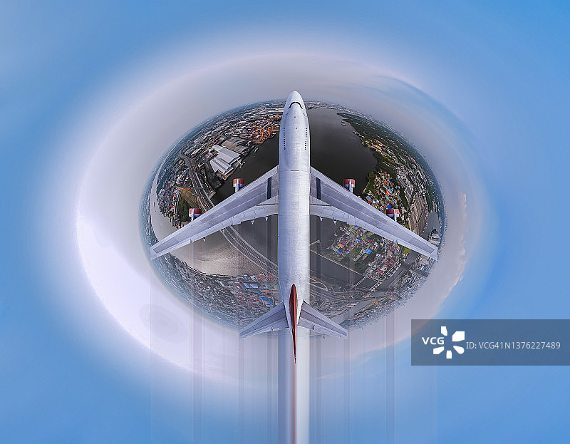 客机飞越， panoramic 全景视角，360度视角，眺望湄南河和市中心的拉玛九世大桥图片素材