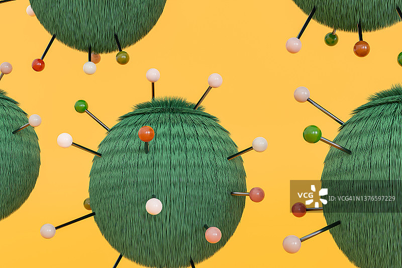 电脑生成的原子图像，带有绿色毛发和彩色金属触角，黄色背景图片素材