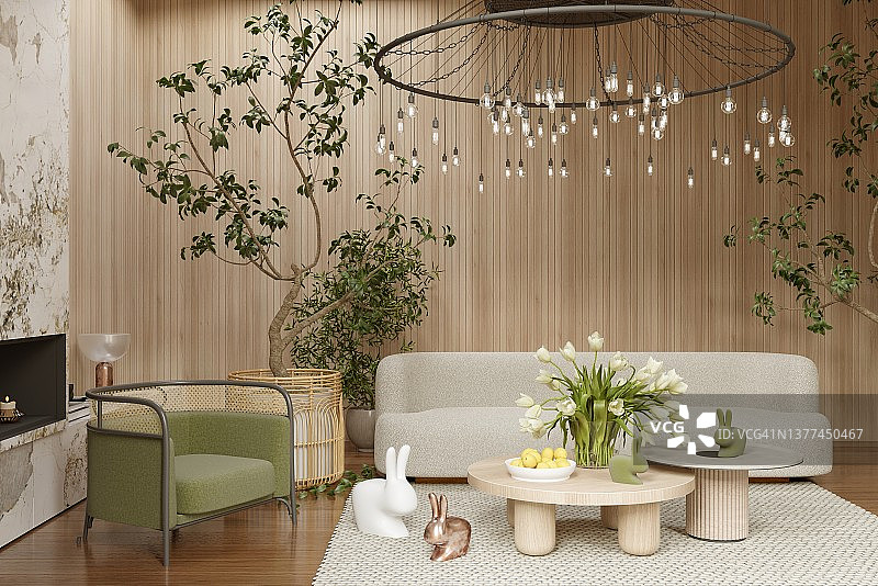 客厅里的复活节兔子装饰品图片素材