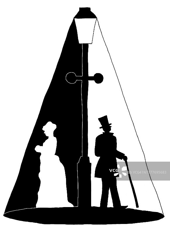 维多利亚时期女人和男人在街灯下插画图片素材