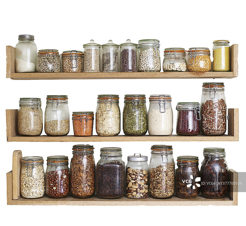 玻璃罐装食品货架（坚果、豆类、种子）图片素材