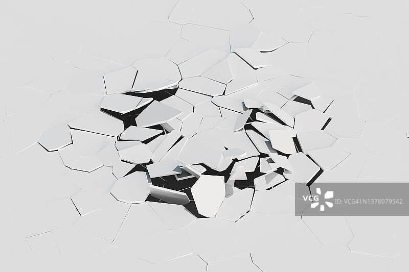 电脑生成的白色地面破裂3D渲染图像图片素材
