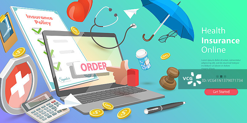 3D健康保险在线概念矢量插图图片素材