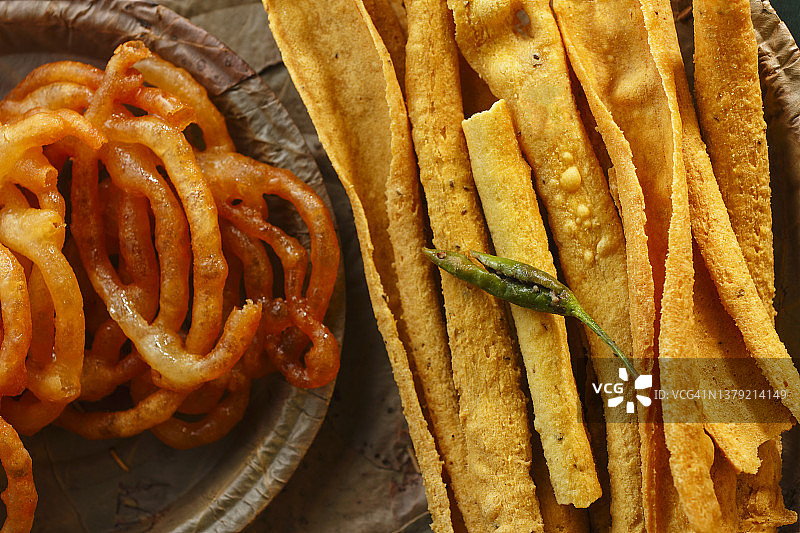 Fafda配甜味Jalebi图片素材
