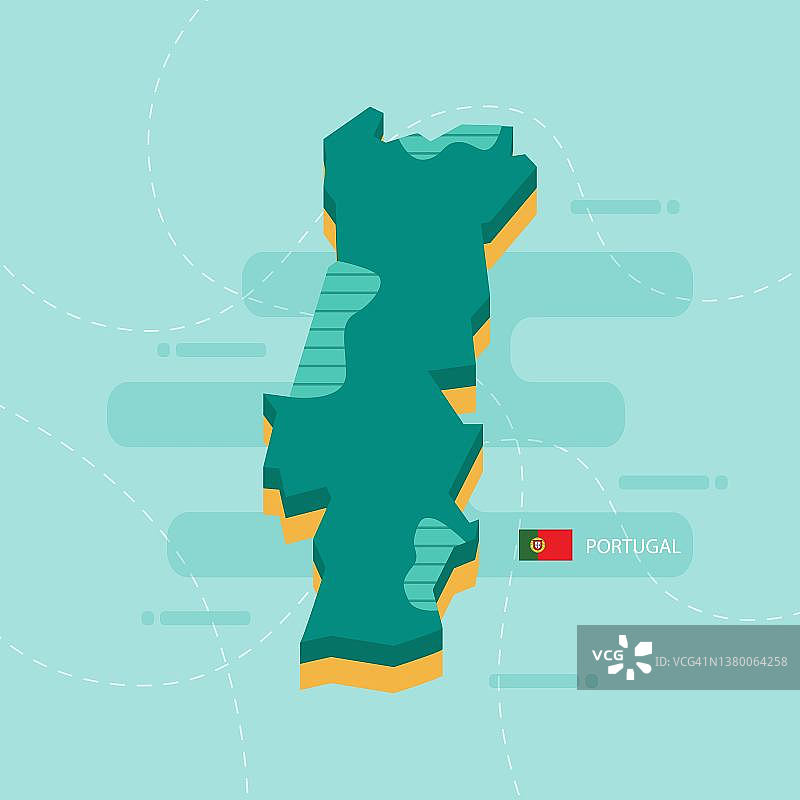 2.5D矢量葡萄牙地图，浅绿色背景，含国名和国旗图片素材