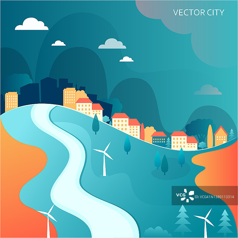 城市景观矢量插画：房屋和风车图片素材