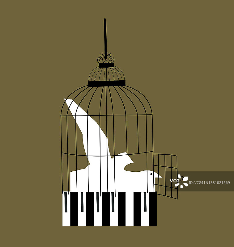 钢琴化作小鸟被困鸟笼插画图片素材