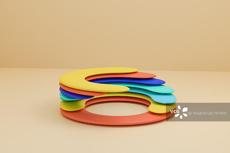 3D渲染：橙色背景上的蓝、红、黄、绿圆形统计条图片素材