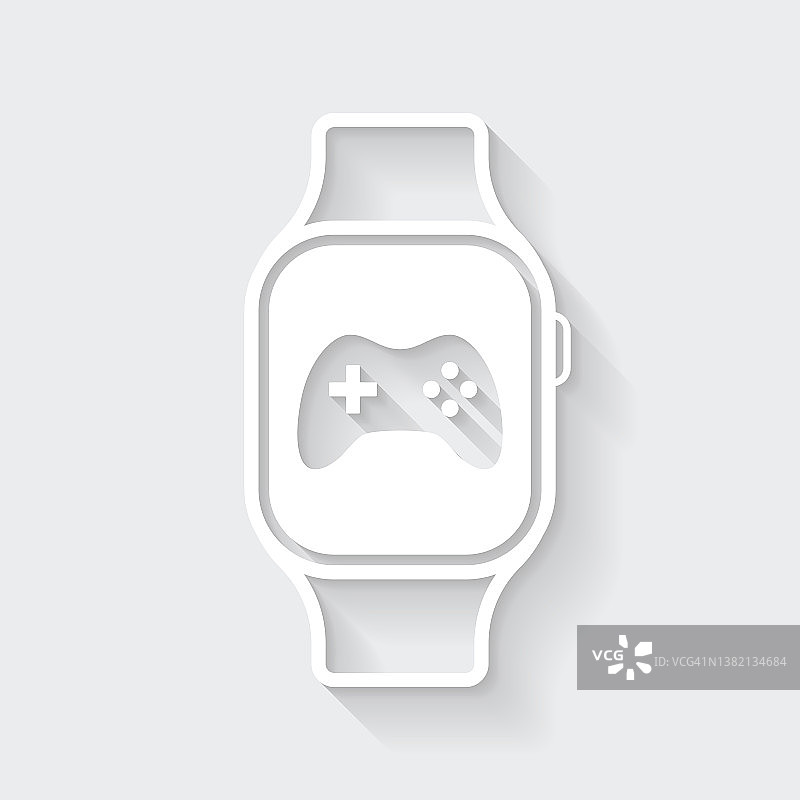 智能手表上的电子游戏：纯色背景上的长阴影图标（扁平设计）图片素材