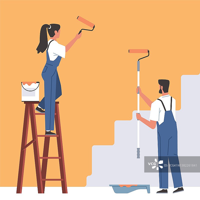 专业装修工人在墙上涂漆矢量概念图图片素材