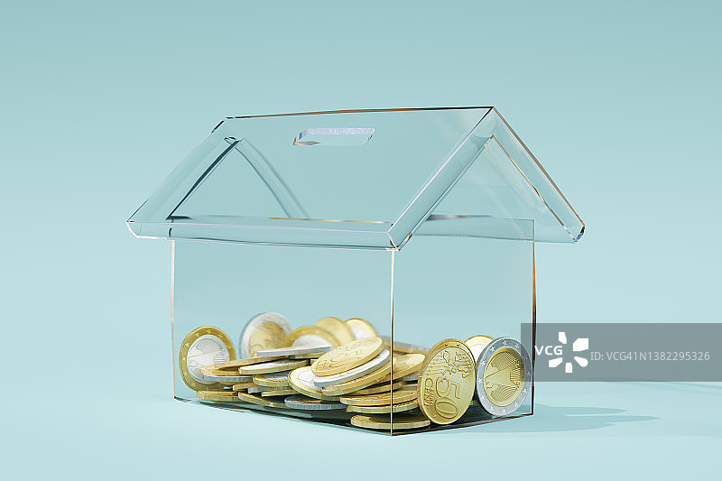 透明房屋形状储蓄罐的3D渲染图图片素材