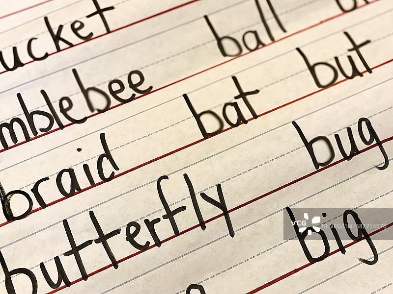 以字母“B”开头的单词列表，写在超大号的横格纸上图片素材