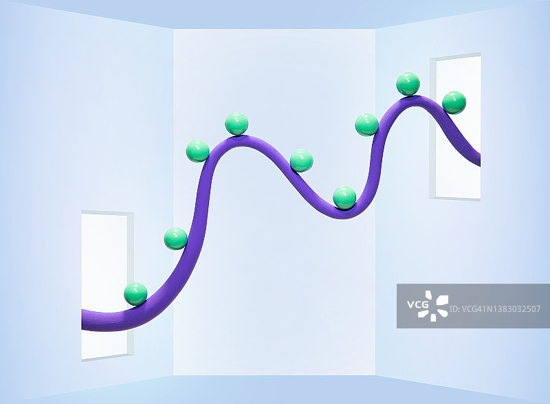 3D数据可视化 - 紫色波浪上的绿色球体图片素材