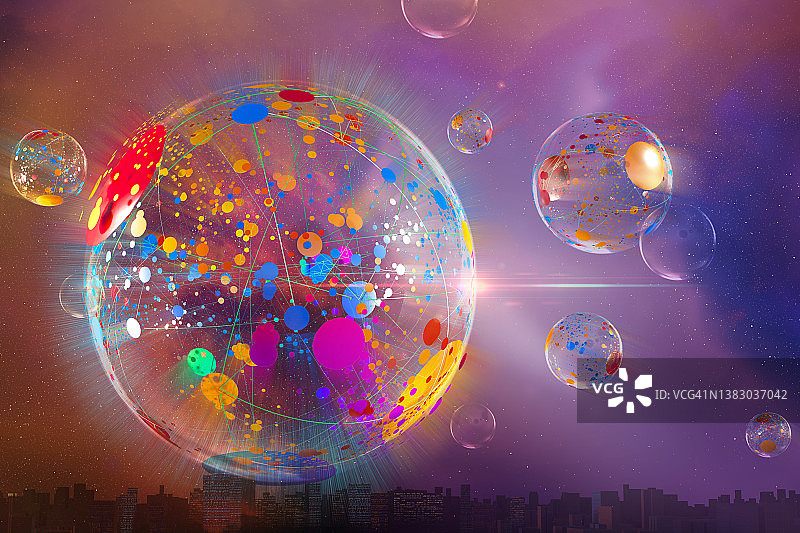 城市景观上方的数字抽象多色气泡图像图片素材