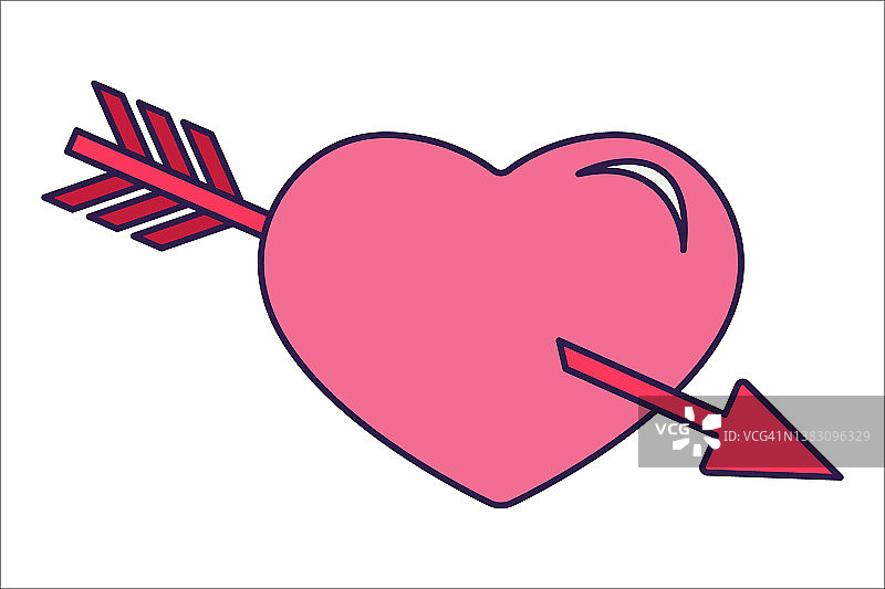 带箭头的复古情人节心形图标，流行线条艺术风格的爱情符号，柔和的粉色、红色和珊瑚色的心形图案，矢量插图，独立于白色图片素材